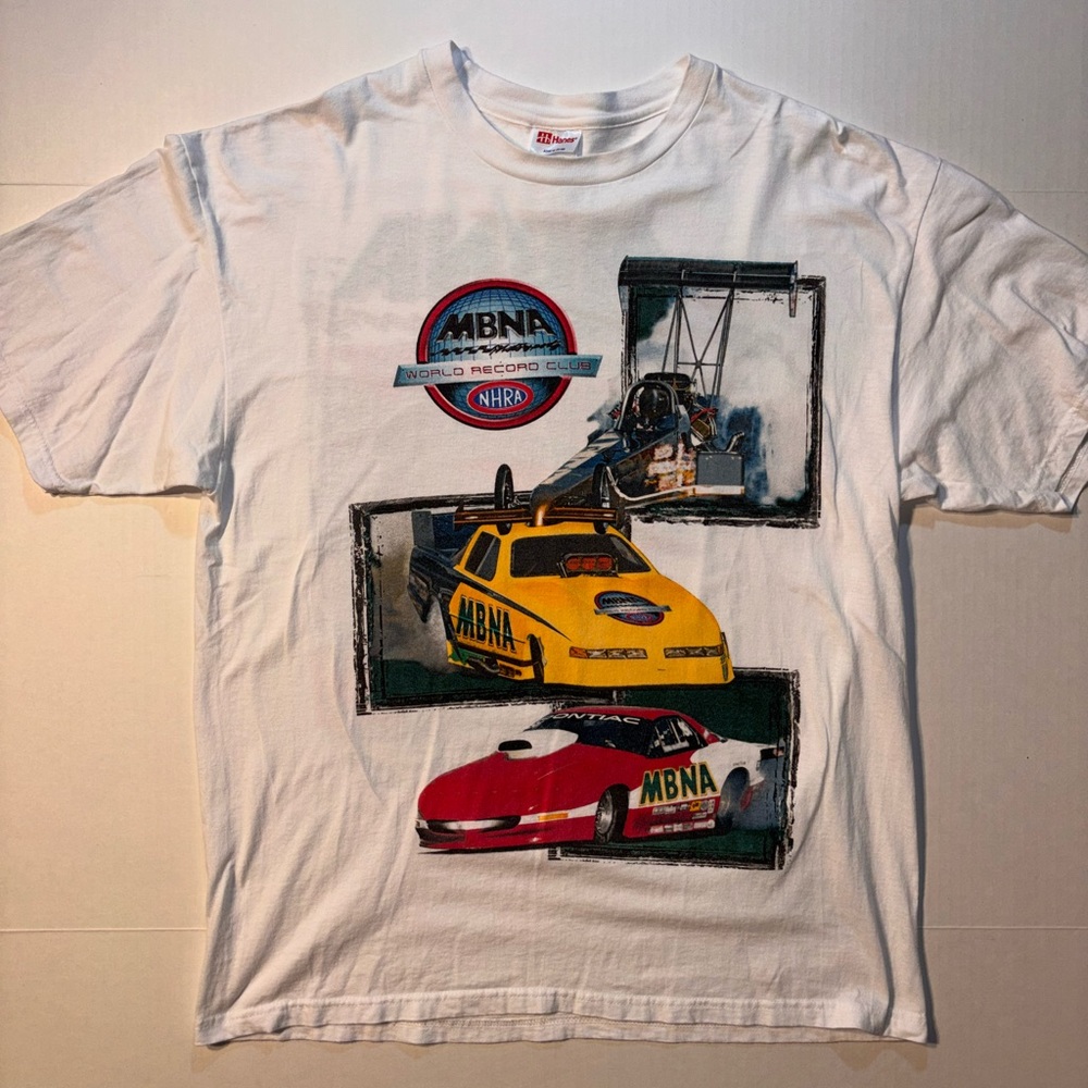 Vtg MBNA Motorsports NHRA Drag Racing Motorcycle 90’s Double Sided AOP Tshirt XL
